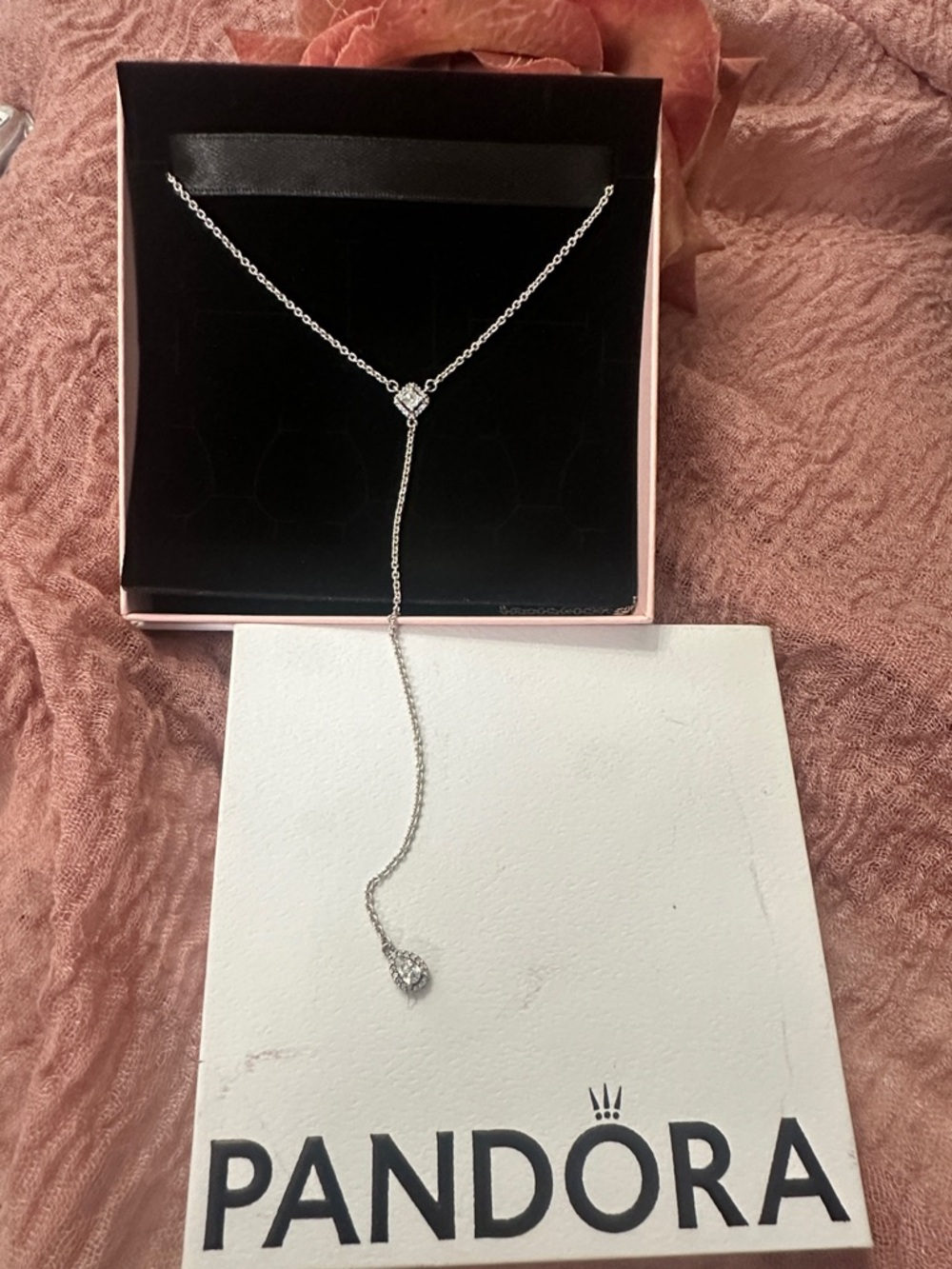 Pandora Silver Lariat Necklace with Heart and Teardrop Accents